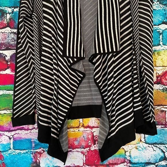 Foxcroft Striped Waterfall Cardigan Sweater Open Front Petite Small Black White - Picture 4 of 8